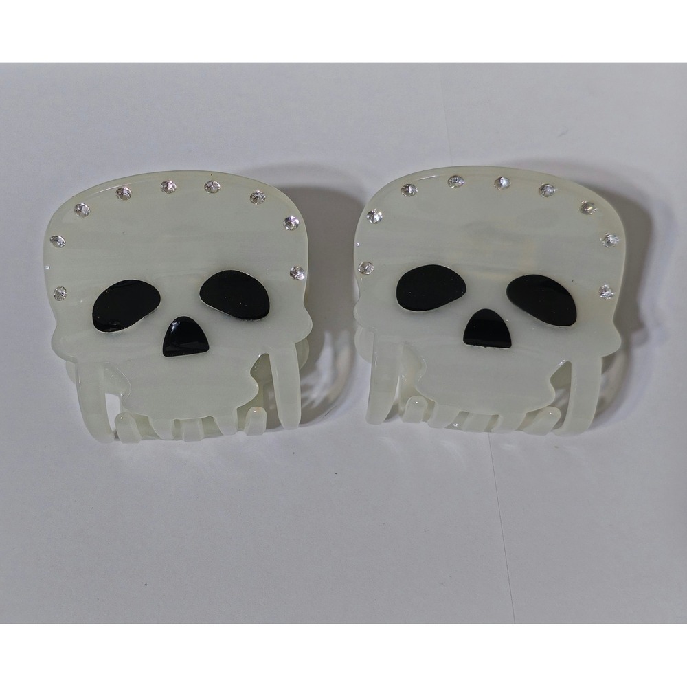 White Skull Hair Claw Clips with Rhinestones Set of 2 Gothic Punk Halloween